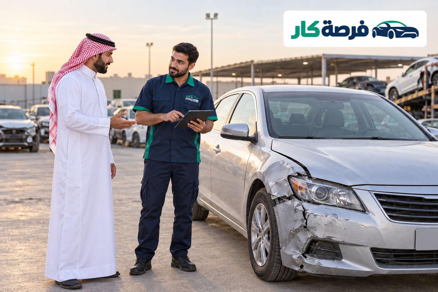فني فرصة كار يعاين سيارة تالفة مع العميل عند الغروب
